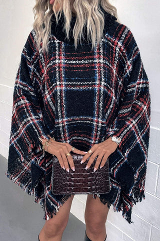 Shop Plaid Turtleneck Fringe Hem Poncho - High-Quality U.S. Made Women’s Fashion with Free Fast Shipping