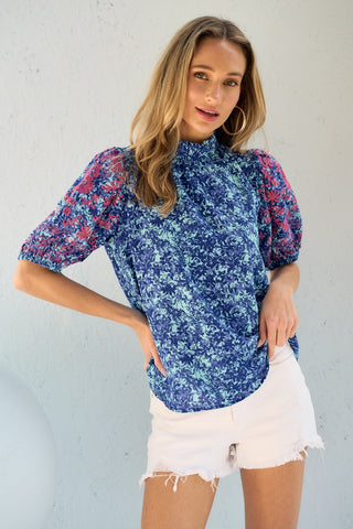 Shop Blue Hailey & Co Embroidered Puff Sleeve Printed Blouse - High-Quality U.S. Made Women’s Fashion with Free & Fast Shipping