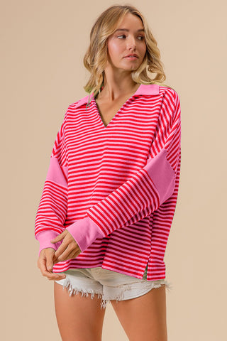 Shop BiBi Striped Contrast Long Sleeve Knit Top - High-Quality U.S. Made Women’s Fashion with Free & Fast Shipping