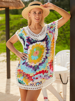 Shop Openwork Printed Round Neck Cover Up - High-Quality U.S. Made Women’s Fashion with Free Fast Shipping