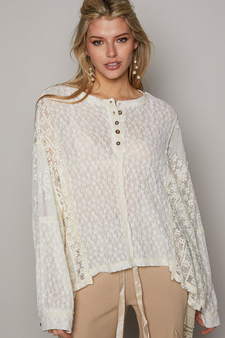 Shop Cream POL Round Neck Long Sleeve Raw Edge Lace Top - High-Quality U.S. Made Women’s Fashion with Free & Fast Shipping