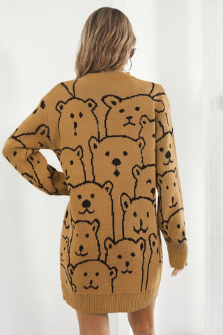 Shop Bear Pattern Round Neck Sweater Dress - High-Quality U.S. Made Women’s Fashion with Free Fast Shipping