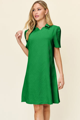 Shop Mid Green Double Take Full Size Texture Collared Neck Short Sleeve Dress - High-Quality U.S. Made Women’s Fashion with Free & Fast Shipping