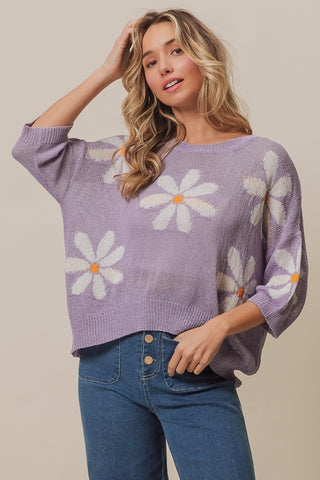 Shop Lavender Ivory BiBi Floral Pattern Slit Sweater - High-Quality U.S. Made Women’s Fashion with Free & Fast Shipping