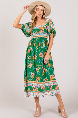 Shop GREEN SAGE + FIG Printed Smocked Short Sleeve Midi Dress - High-Quality U.S. Made Women’s Fashion with Free & Fast Shipping