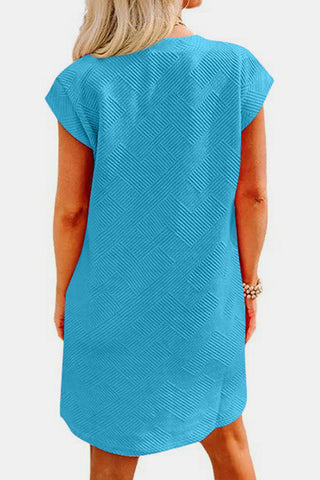 Shop Sky Blue Textured Round Neck Cap Sleeve Dress - High-Quality U.S. Made Women’s Fashion with Free & Fast Shipping