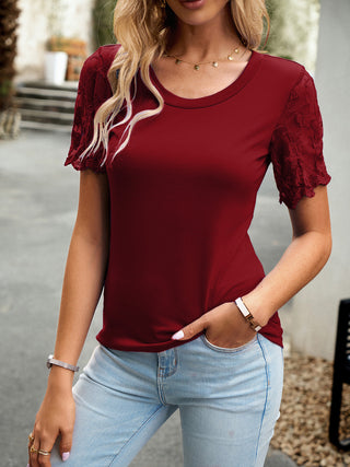 Shop Devine Lace Detail Round Neck Short Sleeve T-Shirt - High-Quality U.S. Made Women’s Fashion with Free Fast Shipping