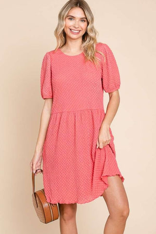 Shop New Coral Pink Culture Code Full Size Textured Round Neck Puff Sleeve Dress - High-Quality U.S. Made Women’s Fashion with Free & Fast Shipping