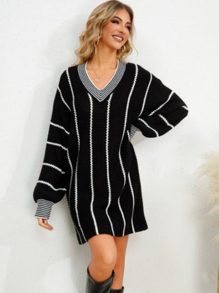 Shop Striped V-Neck Long Sleeve Mini Dress - High-Quality U.S. Made Women’s Fashion with Free & Fast Shipping