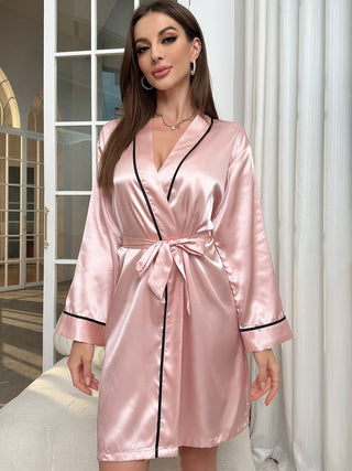 Shop Tie Waist Surplice Neck Robe - High-Quality U.S. Made Women’s Fashion with Free Fast Shipping