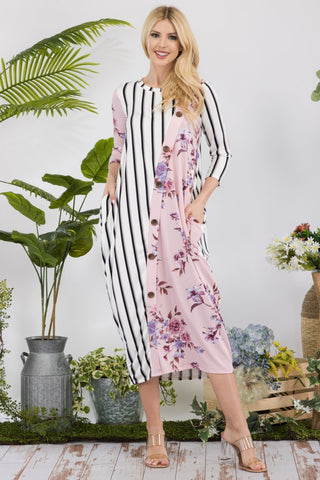 Shop Celeste Full Size Floral Striped Contrast Midi-Dress with Pockets - High-Quality U.S. Made Women’s Fashion with Free & Fast Shipping