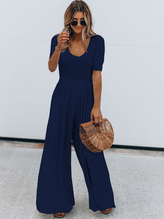 Shop Dark Blue Scoop Neck Short Sleeve Jumpsuit - High-Quality U.S. Made Women’s Fashion with Free & Fast Shipping