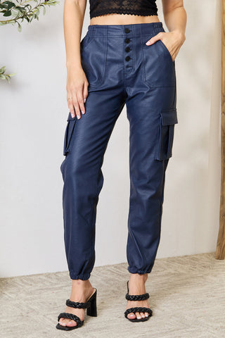 Shop Dark Blue Kancan High Waist Faux Leather Cargo Joggers - High-Quality U.S. Made Women’s Fashion with Free & Fast Shipping