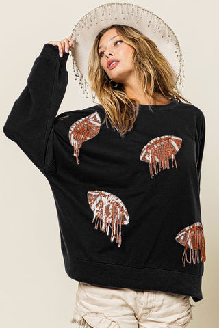 Shop Black Bronze BiBi Sequin Fringe Football Patch Round Neck Sweatshirt - High-Quality U.S. Made Women’s Fashion with Free & Fast Shipping