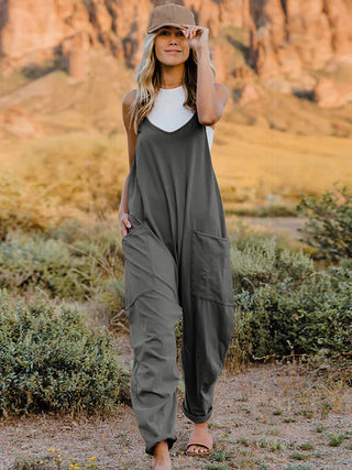 Shop Dark Gray Double Take Full Size Sleeveless V-Neck Pocketed Jumpsuit - High-Quality U.S. Made Women’s Fashion with Free & Fast Shipping