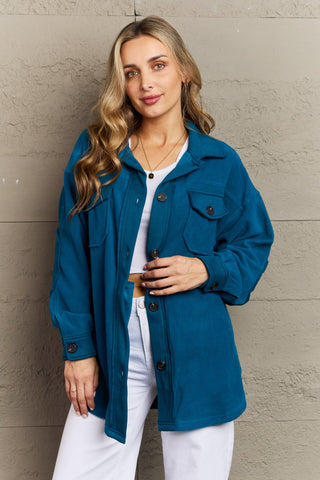 Shop Zenana Cozy in the Cabin Full Size Fleece Elbow Patch Shacket in Teal - High-Quality U.S. Made Women’s Fashion with Free & Fast Shipping