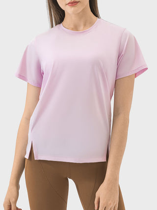 Shop Blush Pink Millennia Slit Round Neck Short Sleeve Active T-Shirt - High-Quality U.S. Made Women’s Fashion with Free & Fast Shipping