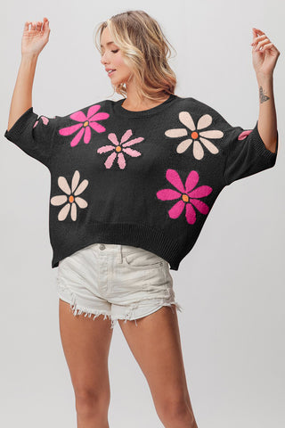 Shop BiBi Floral Pattern Cropped Sweater - High-Quality U.S. Made Women’s Fashion with Free & Fast Shipping