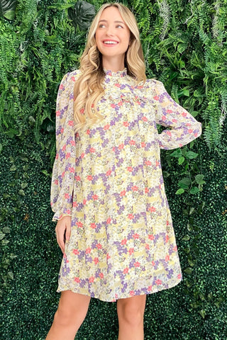 Shop Lemon And The Why Floral Mock Neck Flounce Sleeve Dress - High-Quality U.S. Made Women’s Fashion with Free & Fast Shipping