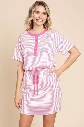 Shop Pink Culture Code Full Size Striped Short Sleeve Mini Dress with Pockets - High-Quality U.S. Made Women’s Fashion with Free & Fast Shipping