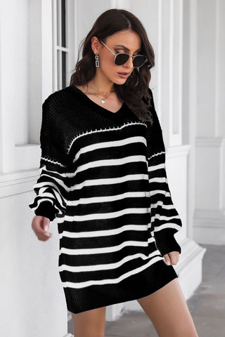 Shop Striped V-Neck Drop Shulder Sweater Dress - High-Quality U.S. Made Women’s Fashion with Free & Fast Shipping