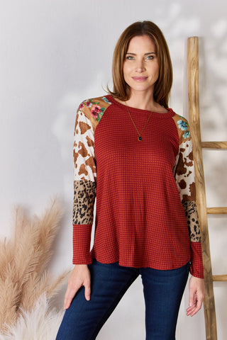 Shop Hailey & Co Full Size Leopard Waffle-Knit Blouse - High-Quality U.S. Made Women’s Fashion with Free & Fast Shipping