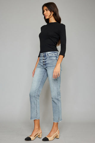 Shop Kancan High Waist Button Fly Raw Hem Cropped Straight Jeans - High-Quality U.S. Made Women’s Fashion with Free & Fast Shipping