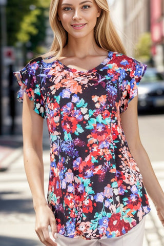 Shop Black Heimish Ruffle Sleeve Floral Top - High-Quality U.S. Made Women’s Fashion with Free & Fast Shipping