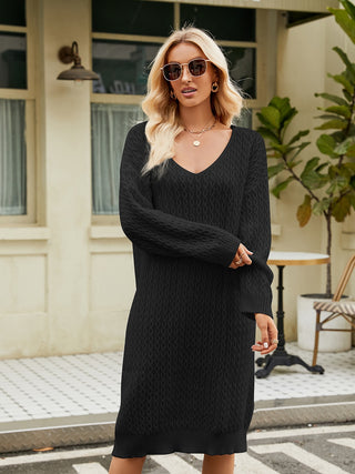 Shop Black V-Neck Long Sleeve Sweater Dress - High-Quality U.S. Made Women’s Fashion with Free & Fast Shipping