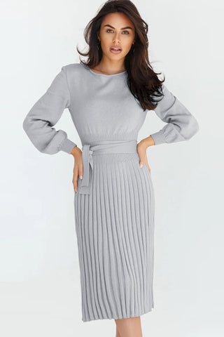 Shop Light Gray Round Neck Long Sleeve Pleated Sweater Dress - High-Quality U.S. Made Women’s Fashion with Free & Fast Shipping