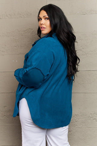 Shop Zenana Cozy in the Cabin Full Size Fleece Elbow Patch Shacket in Teal - High-Quality U.S. Made Women’s Fashion with Free & Fast Shipping