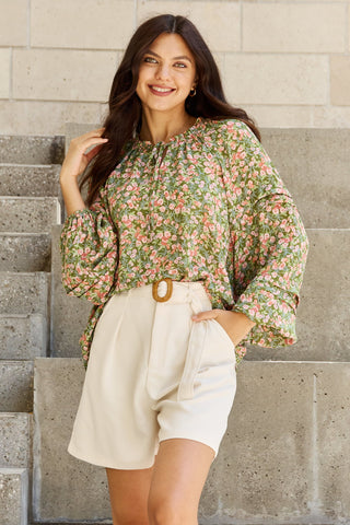 Shop HEYSON She's Blossoming Full Size Balloon Sleeve Floral Blouse - High-Quality U.S. Made Women’s Fashion with Free & Fast Shipping