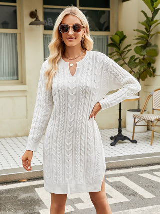 Shop White Notched Neck Cable-Knit Slit Sweater Dress - High-Quality U.S. Made Women’s Fashion with Free & Fast Shipping