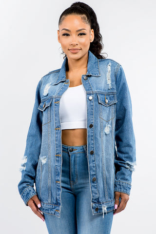 Shop American Bazi Full Size Button Up Distressed Denim Jacket - High-Quality U.S. Made Women’s Fashion with Free Fast Shipping