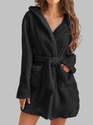 Shop Tie Waist Hooded Robe - High-Quality U.S. Made Women’s Fashion with Free Fast Shipping