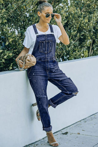 Shop Pocketed Distressed Denim Overalls - High-Quality U.S. Made Women’s Fashion with Free Fast Shipping