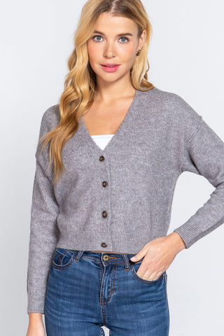 Shop Grey ACTIVE BASIC V-Neck Button Up Long Sleeve Knit Cardigan - High-Quality U.S. Made Women’s Fashion with Free & Fast Shipping