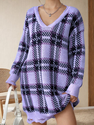 Shop Pink Purple One Size Distressed Plaid V-Neck Long Sleeve Sweater Dress - High-Quality U.S. Made Women’s Fashion with Free & Fast Shipping