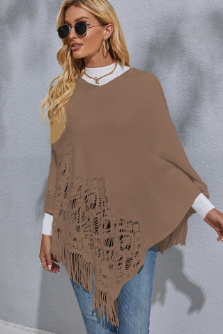 Shop Round Neck Fringe Detail Poncho - High-Quality U.S. Made Women’s Fashion with Free Fast Shipping