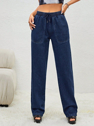 Shop Drawstring Elastic Waist Jeans with Pockets - High-Quality U.S. Made Women’s Fashion with Free & Fast Shipping