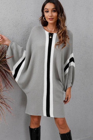 Shop Light Gray Ribbed Round Neck Long Sleeve Sweater Dress - High-Quality U.S. Made Women’s Fashion with Free & Fast Shipping