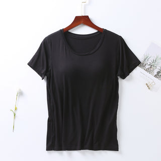 Shop Black Plus Size Round Neck Short Sleeve T-Shirt with Bra - High-Quality U.S. Made Women’s Fashion with Free & Fast Shipping