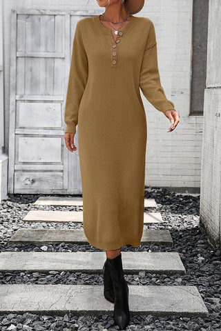 Shop Camel Decorative Button Notched Dropped Shoulder Sweater Dress - High-Quality U.S. Made Women’s Fashion with Free & Fast Shipping