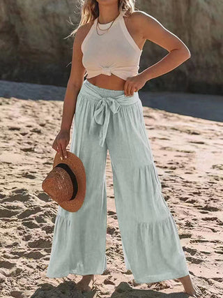 Shop Tied Ruched Wide Leg Pants - High-Quality U.S. Made Women’s Fashion with Free & Fast Shipping