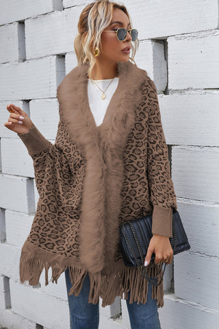 Shop Leopard Fringe Detail Poncho - High-Quality U.S. Made Women’s Fashion with Free Fast Shipping