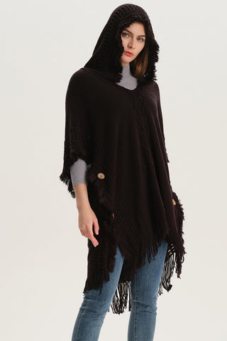 Shop Fringe Hem Hooded Poncho - High-Quality U.S. Made Women’s Fashion with Free Fast Shipping