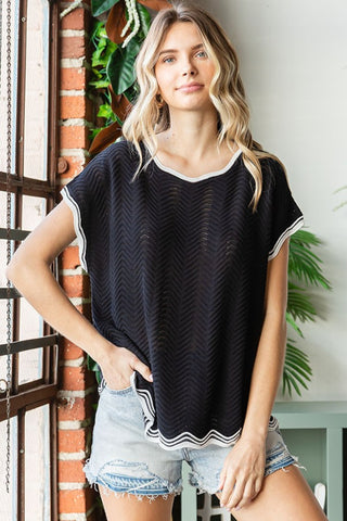 Shop Black First Love Full Size Contrast Wavy Crochet Drop Shoulder Knit Top - High-Quality U.S. Made Women’s Fashion with Free & Fast Shipping