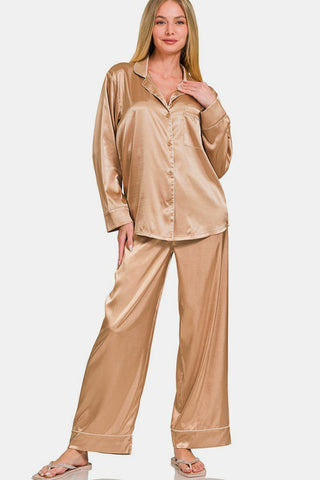 Shop Zenana Satin Long Sleeve Shirt and Pants Pajama Set - High-Quality U.S. Made Women’s Fashion with Free Fast Shipping