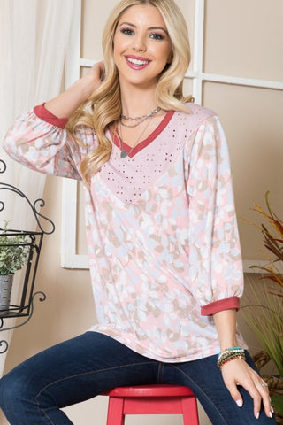 Shop Pink Taupe Celeste Full Size Leaf Print Contrast Trim Balloon Sleeve Top - High-Quality U.S. Made Women’s Fashion with Free & Fast Shipping