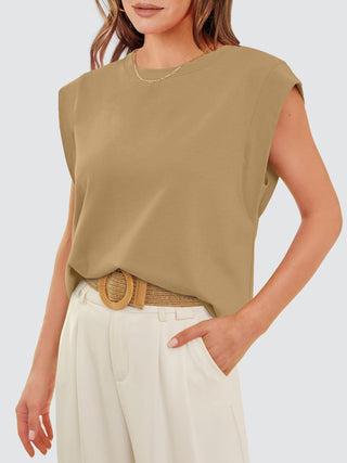 Shop Khaki Round Neck Cap Sleeve Tank - High-Quality U.S. Made Women’s Fashion with Free & Fast Shipping